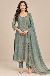 Sage Teal Embroidered Kurta Pant Set with Dupatta for Women
