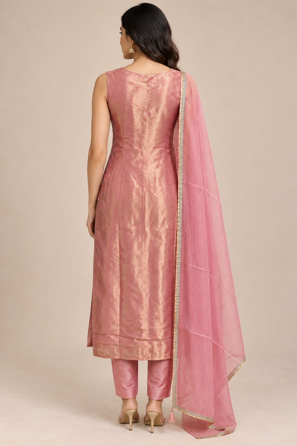 Pink Jacquard Straight Kurta Pant Set with Embellished Dupatta