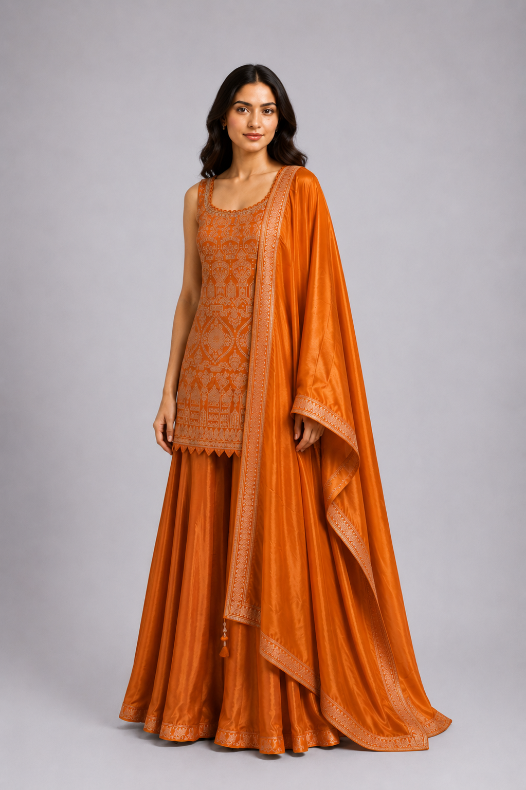 Orange Embroidered Sharara Suit Set with Dupatta