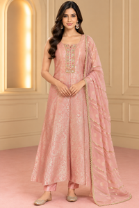 Peach Pink Embroidered Anarkali Kurta Set with Dupatta