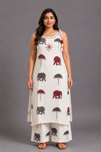 Ivory Printed Kurta Palazzo Set with Elephant & Umbrella Motifs
