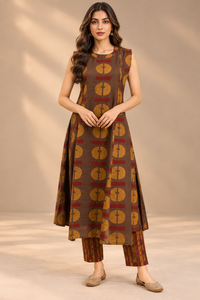 Brown Printed Cotton Kurti Set