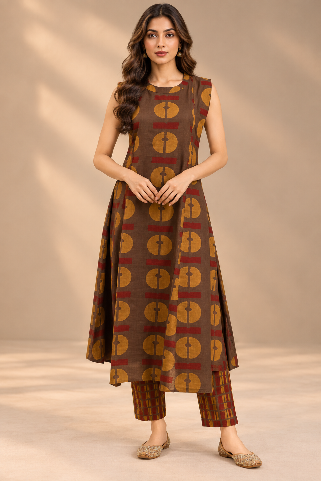 Brown Printed Cotton Kurti Set