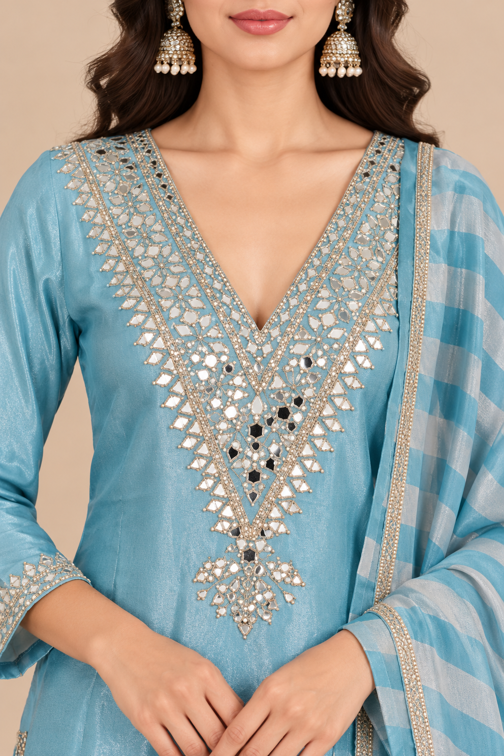 Sky Blue Embroidered Designer Kurta Set with Striped Dupatta