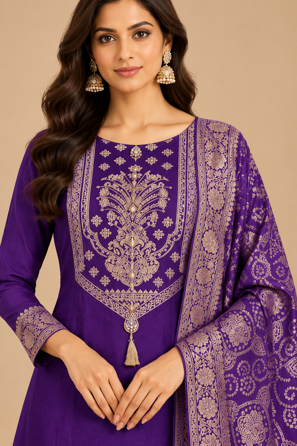 Royal Purple Gold Embroidered Kurta Pant Set with Printed Dupatta