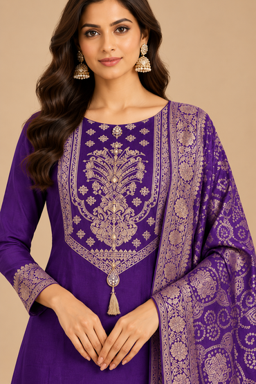 Royal Purple Gold Embroidered Kurta Pant Set with Printed Dupatta