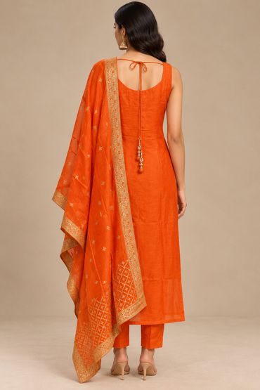 Orange Geometric Embroidered Kurta Set with Dupatta
