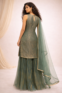 Emerald Green Georgette Embroidered Kurta Sharara Set with Net Dupatta