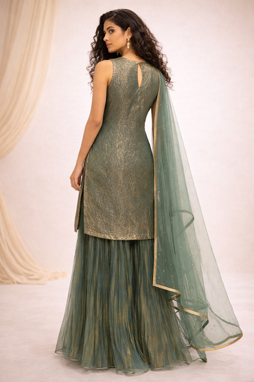 Emerald Green Georgette Embroidered Kurta Sharara Set with Net Dupatta