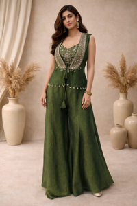 Emerald Green Embroidered Tissue Co-ord Set with Cape Jacket