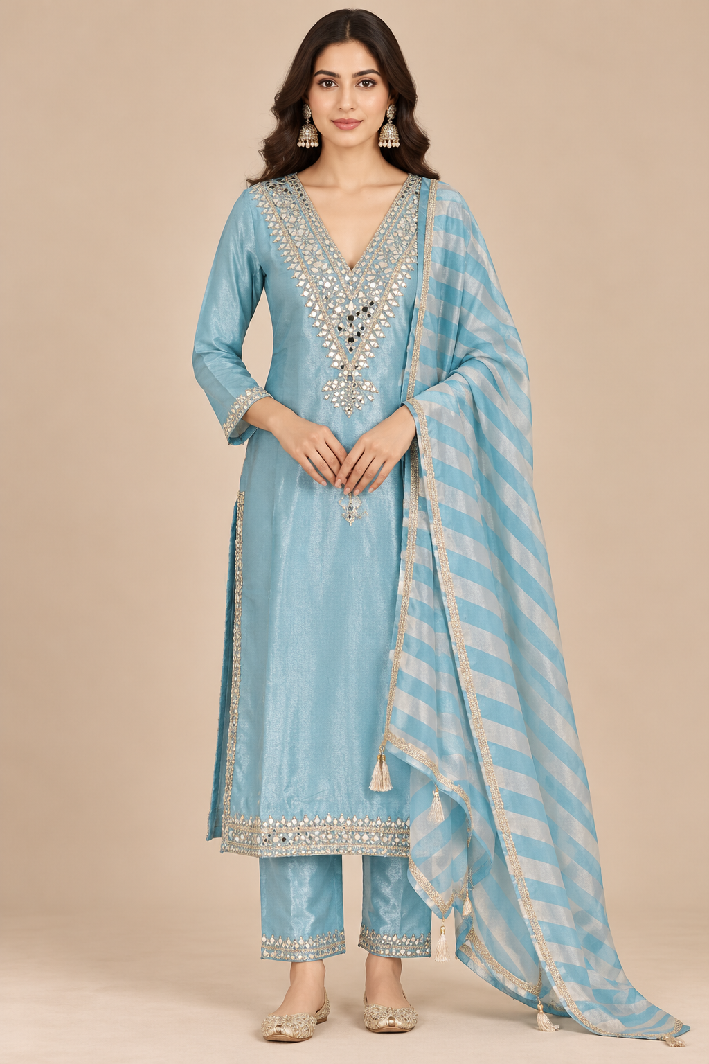 Sky Blue Embroidered Designer Kurta Set with Striped Dupatta