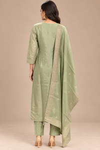 Pista Green Embroidered Straight Kurta Pant Set with Dupatta