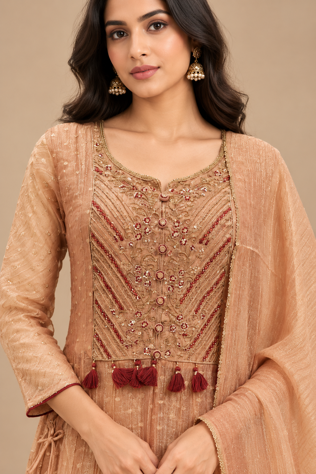 Peach Embroidered Anarkali Palazzo Suit Set with Dupatta