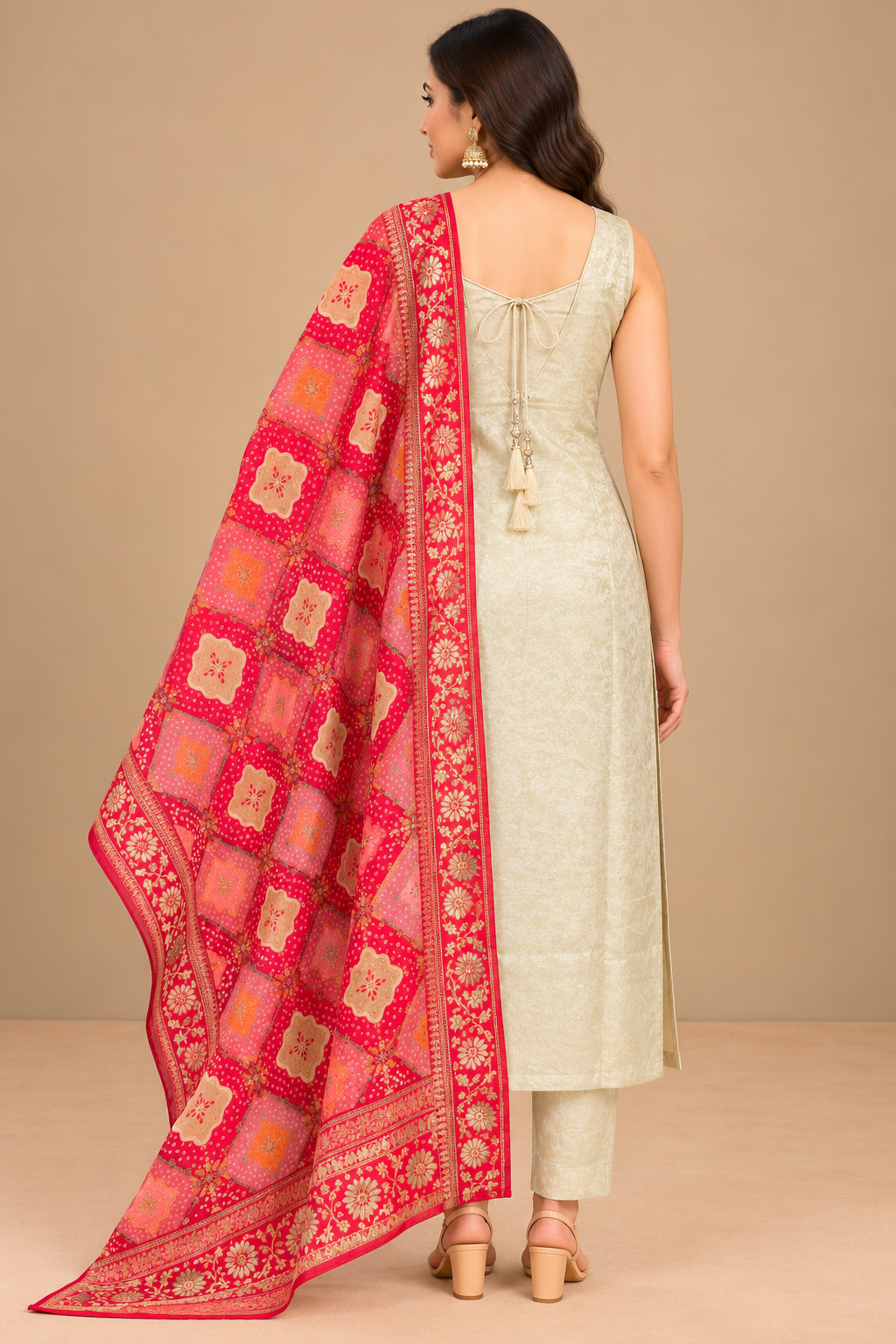 Ivory Embroidered Kurta Set with Red Printed Dupatta
