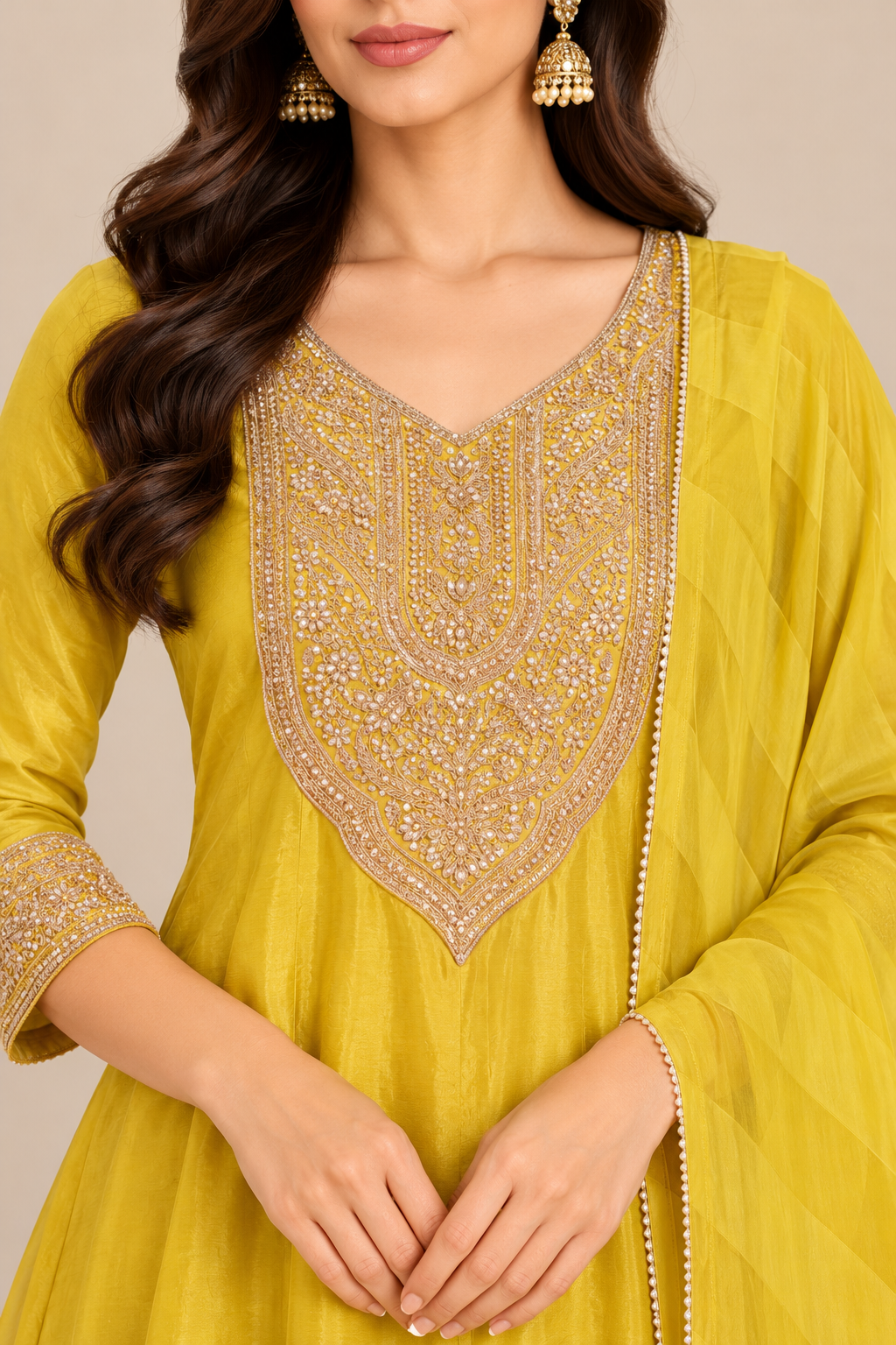 Mustard Yellow Embellished Anarkali Kurta Pant Set with Dupatta