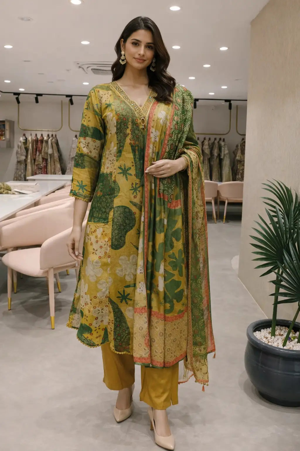 Green & Mustard Printed Kurta Set with Dupatta