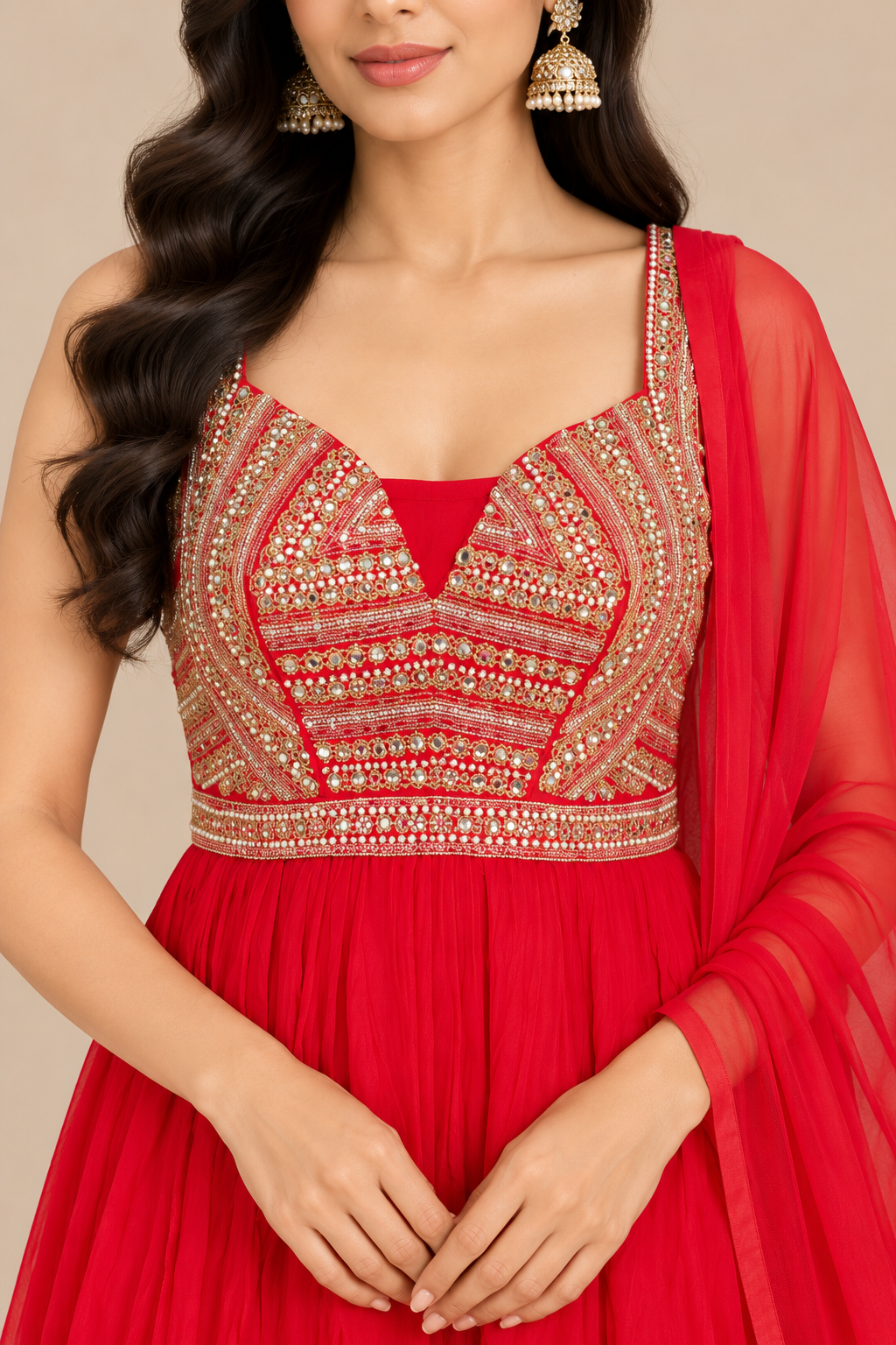 Red Embellished Floor-Length Anarkali Gown with Dupatta for Women