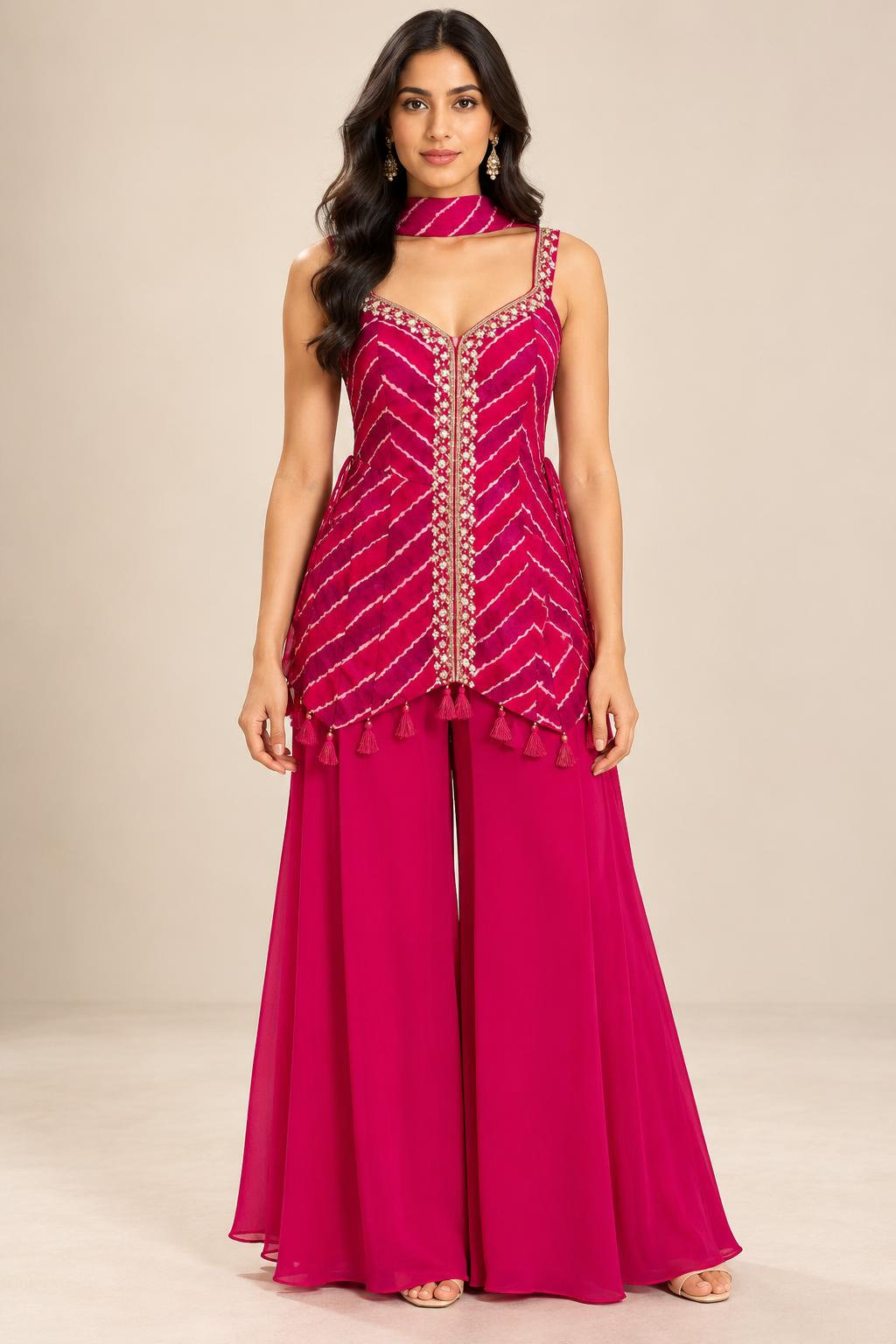 Magenta Pink Embroidered Peplum Top with Palazzo Pants Set