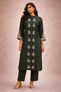 Women's Bottle Green Embroidered Slub Cotton Kurta Pant Set