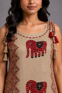 Beige Elephant Print Kurta Palazzo Set with Tassel Detailing