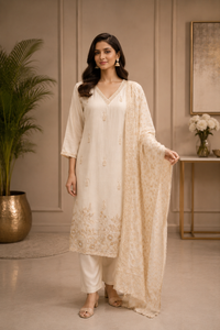Off White Silk Embroidered Elegant Salwar Suit with Dupatta