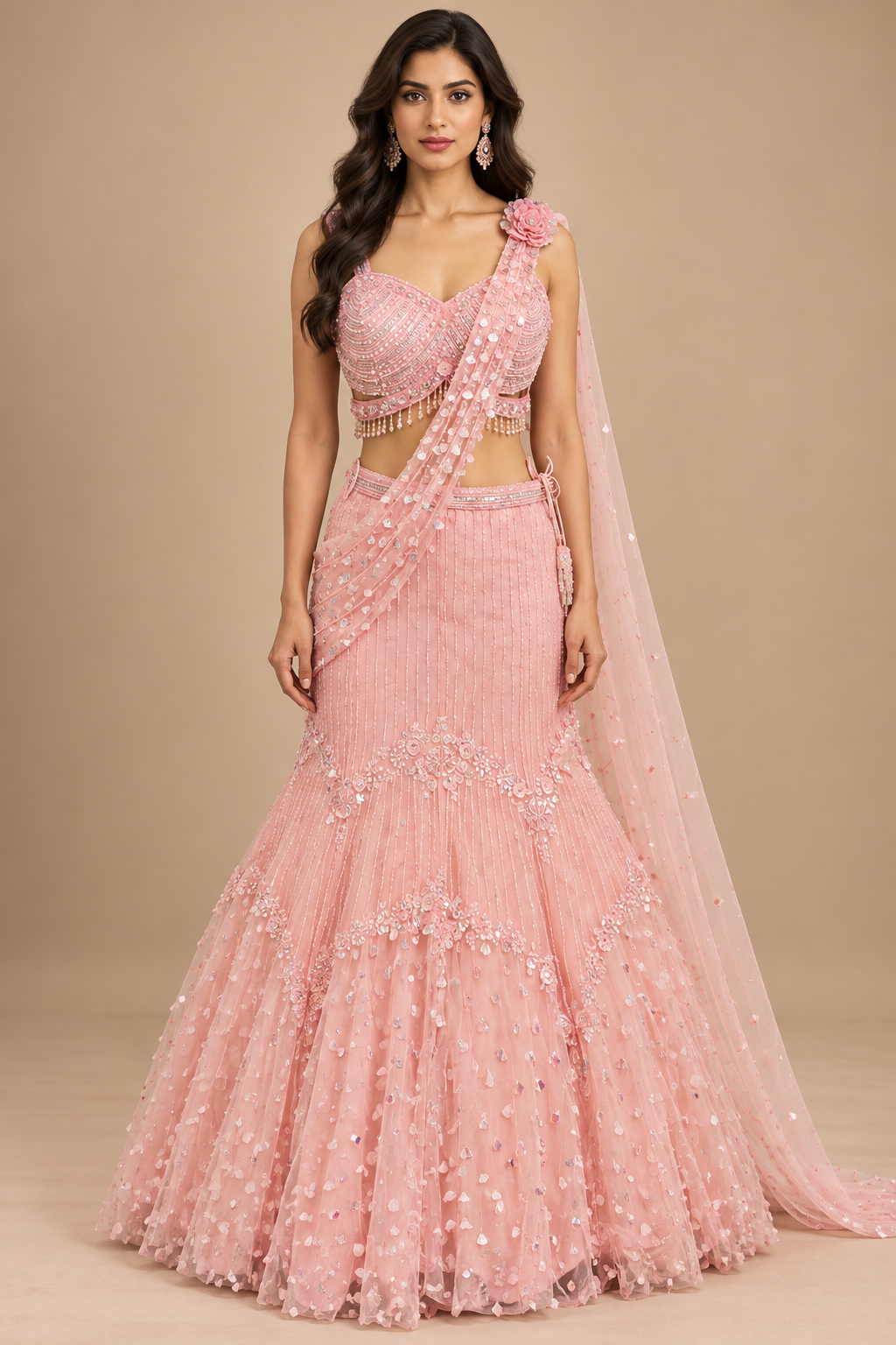 Blush Pink Embellished Mermaid Lehenga Set with Dupatta