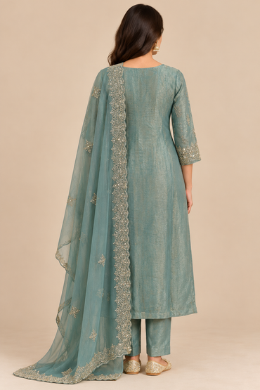 Sage Green Embroidered Kurta Pant Set with Matching Dupatta