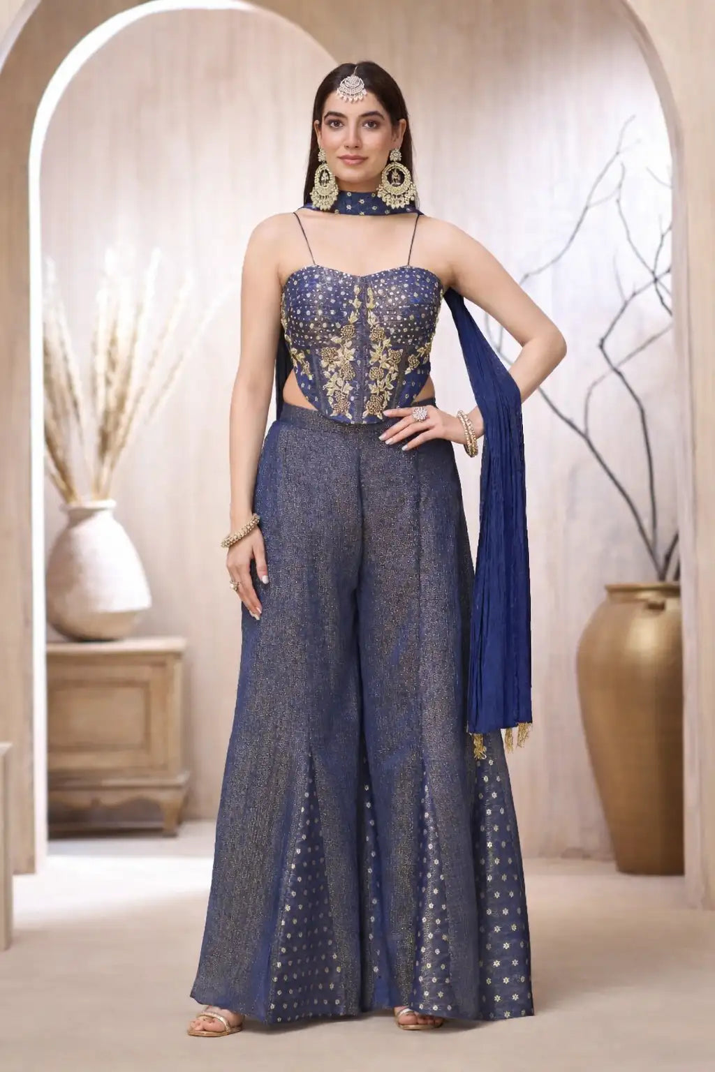 Navy Blue Tissue Jacquard Crop Top Sharara Set with Dupatta