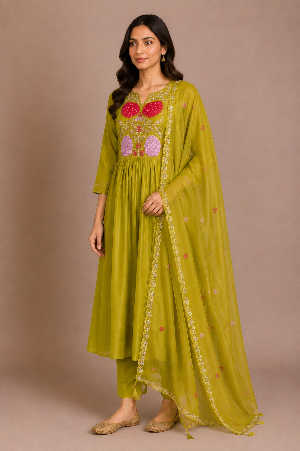 Mehendi Green Silk Embroidered Straight-Cut Suit Set