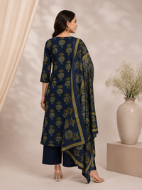 Navy Blue Ethnic Printed Cotton Kurta Set with Dupatta