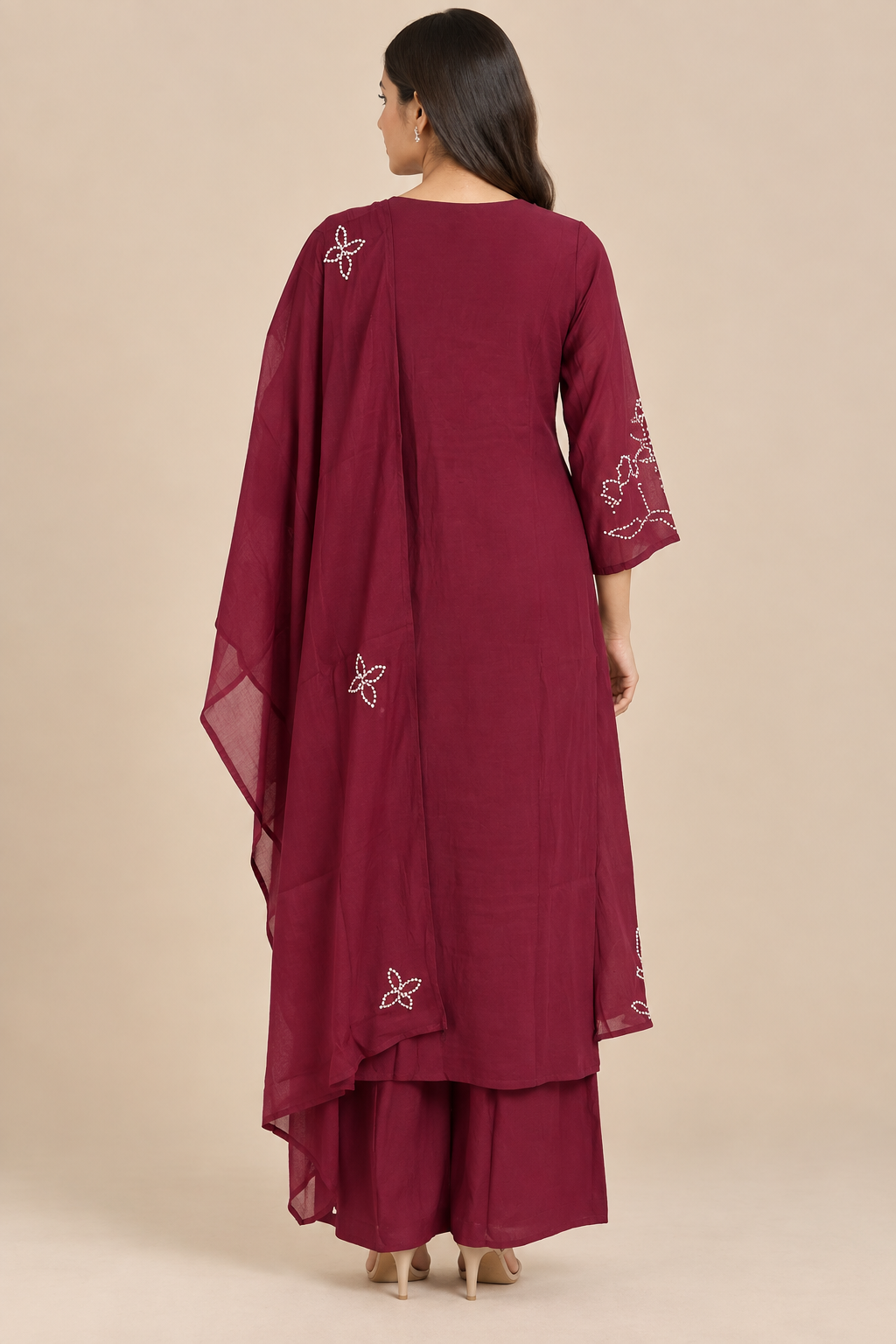 Wine Mul Chanderi Embroidered Straight-Cut Suit Set