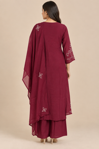 Wine Mul Chanderi Embroidered Straight-Cut Suit Set