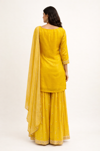 Bright Yellow Embroidered Silk Kurta Sharara Set with Dupatta for Women