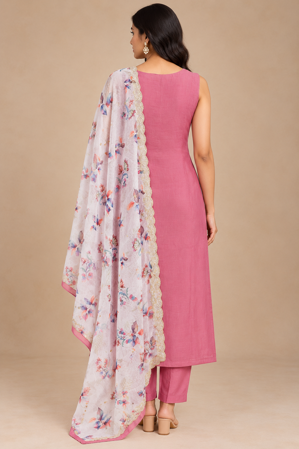 Pink Embroidered Kurta Set with Floral Printed Dupatta