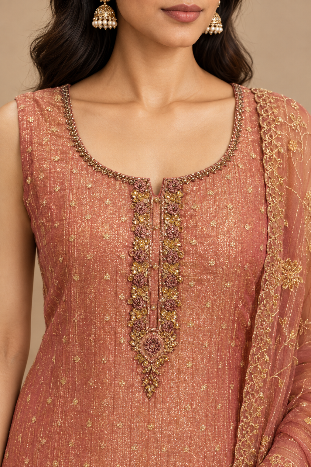 Dusty Rose Embroidered Straight Suit Set with Organza Dupatta  Product Type: