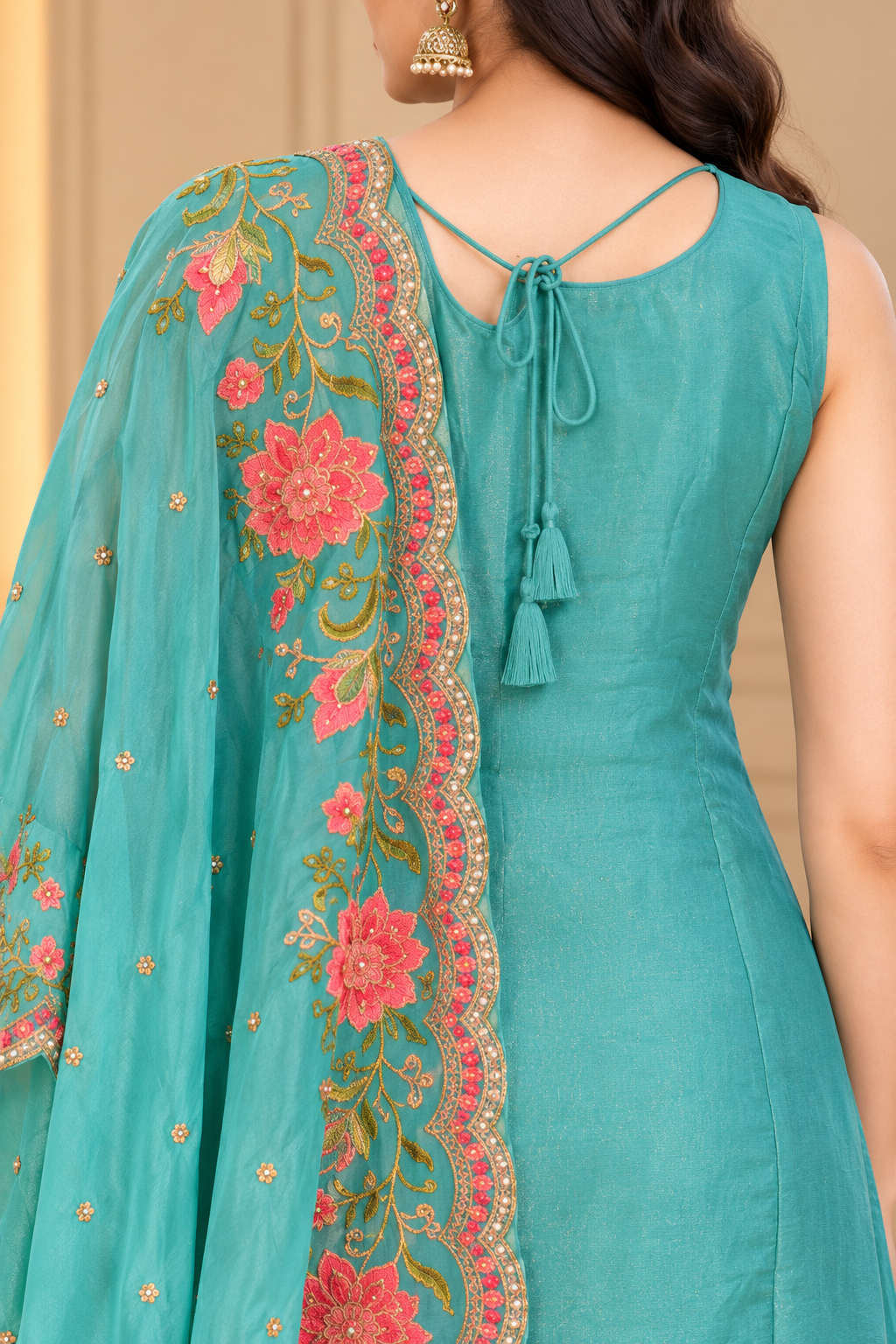 Turquoise Blue Floral Embroidered Kurta Set with Dupatta