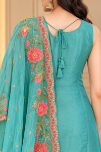 Turquoise Blue Floral Embroidered Kurta Set with Dupatta