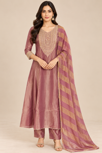 Dusty Mauve Embroidered Kurta Pant Set with Striped Dupatta
