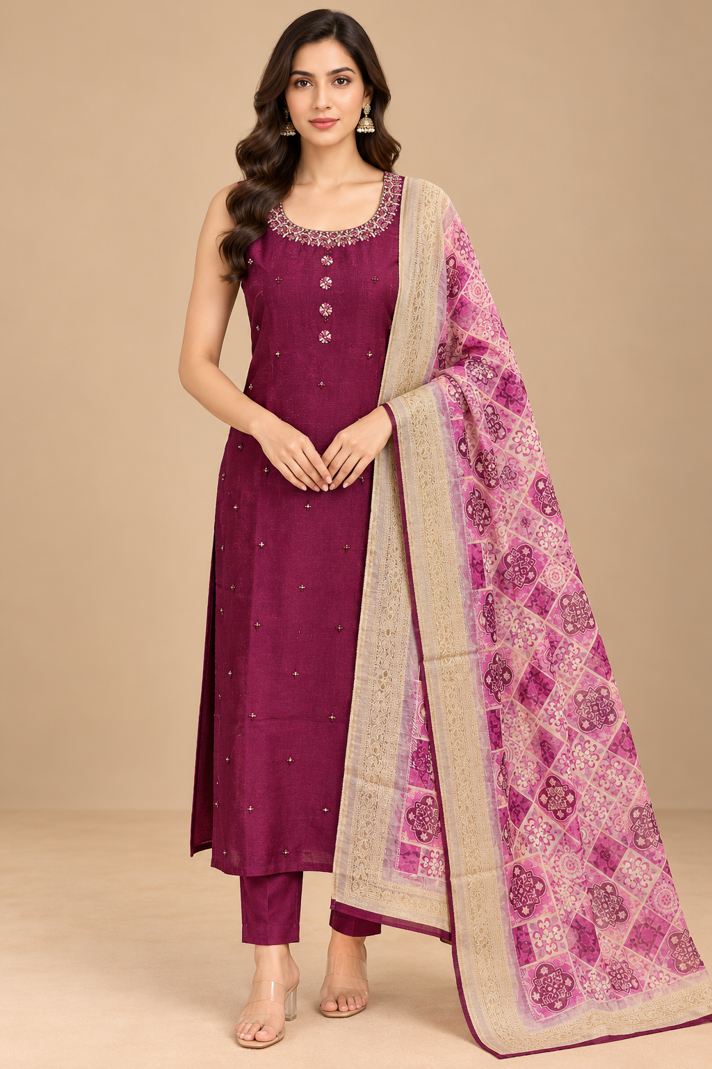 Wine Embroidered Kurta Set with Pink Printed Dupatta