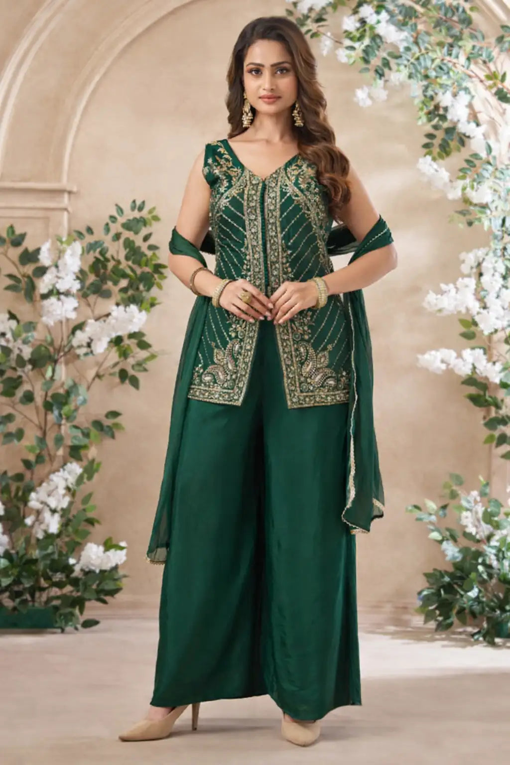 Emerald Green Embroidered Brocade Silk Kurta Palazzo Set with Dupatt