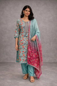 Teal Floral Printed Kurta Set with Contrast Dupatta