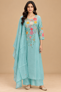 Aqua Blue Mul Chanderi Floral Embroidered Straight-Cut Suit Set