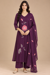 Wine Purple Floral Embroidered Kurta Set with Dupatta