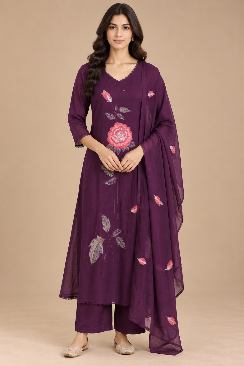 Wine Purple Floral Embroidered Kurta Set with Dupatta