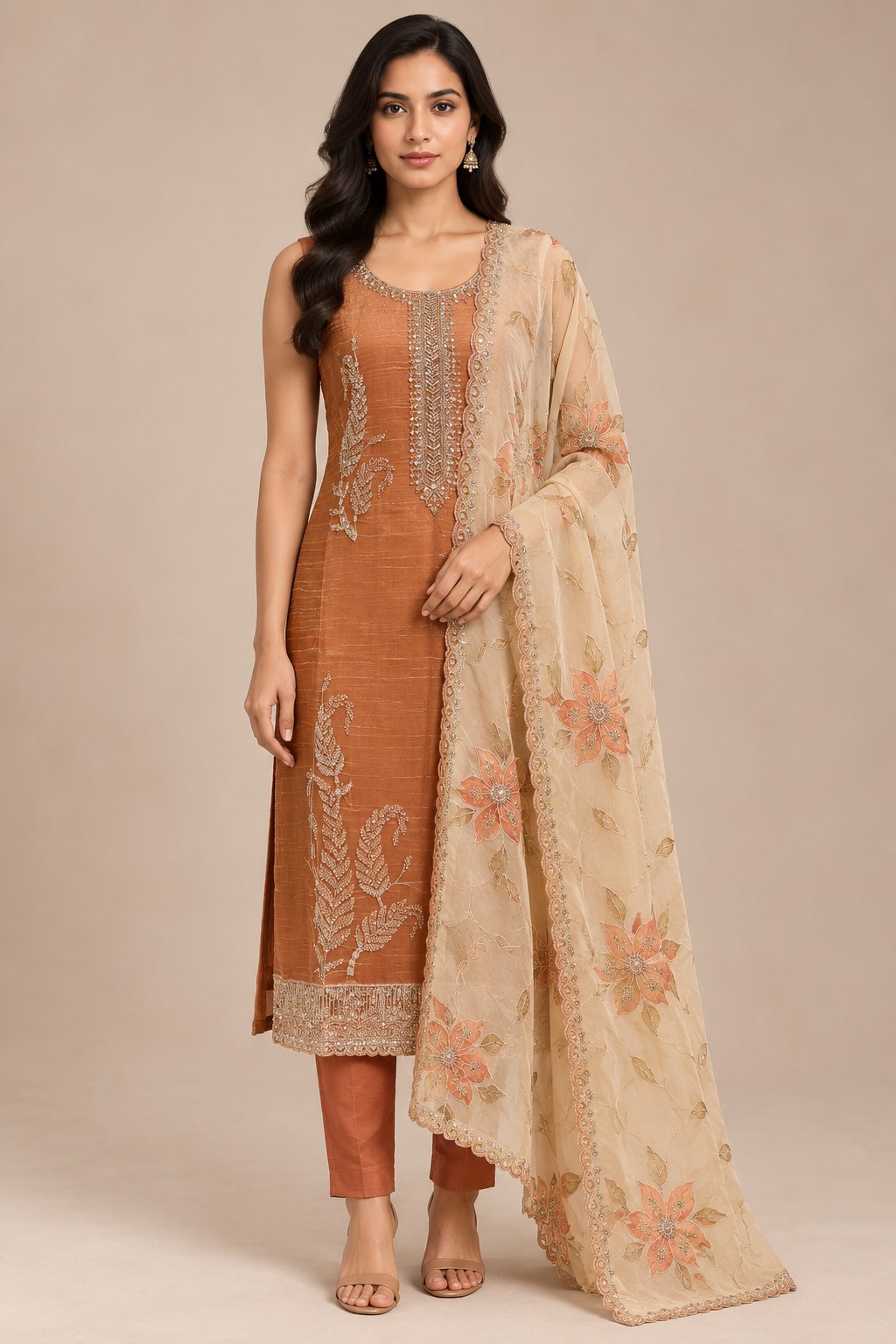 Rust Brown Embroidered Straight Kurta Pant Set with Floral Dupatta