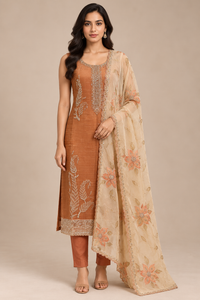 Rust Brown Embroidered Straight Kurta Pant Set with Floral Dupatta