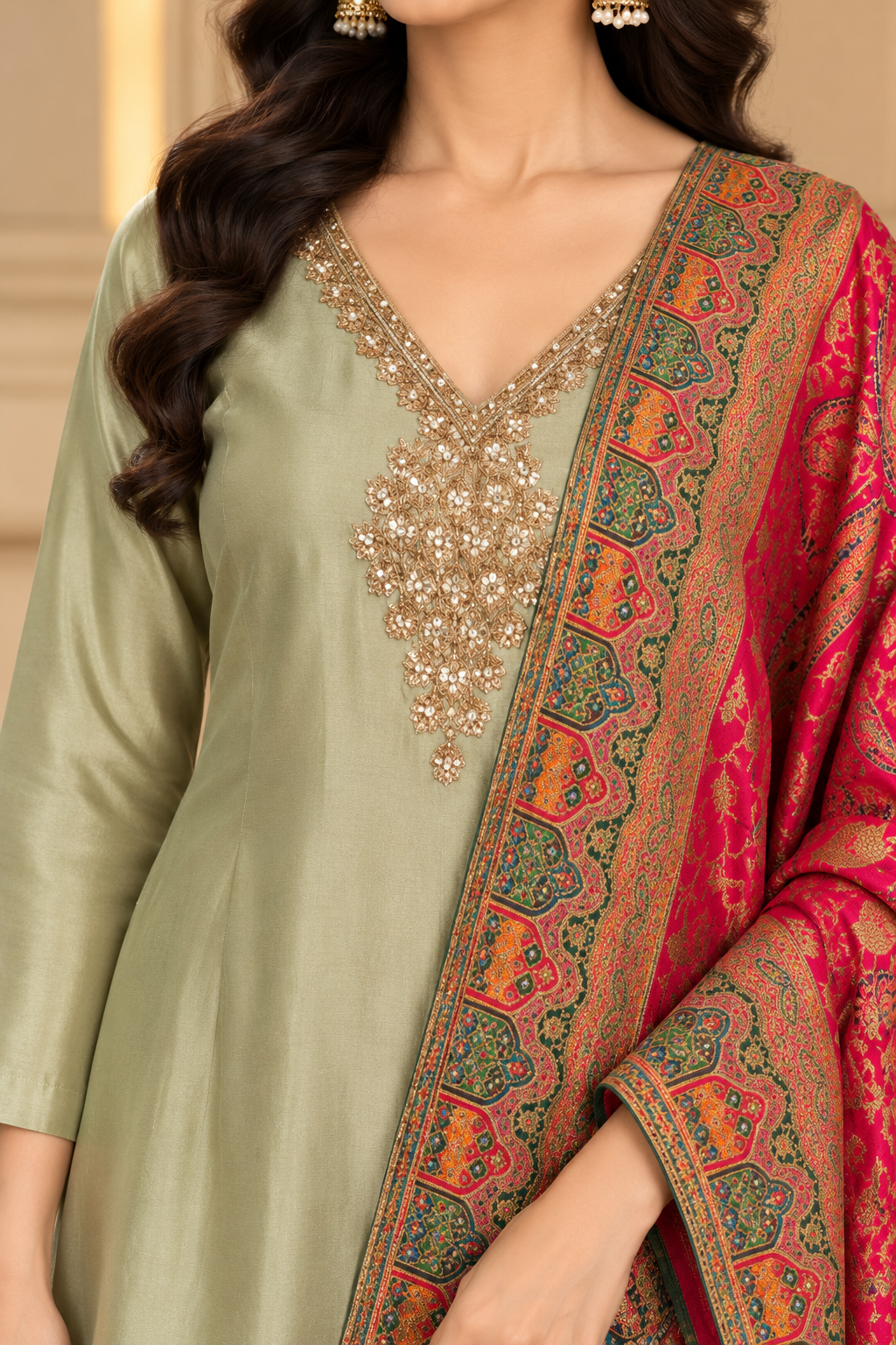 Sage Green Embroidered Kurta Set with Printed Dupatta