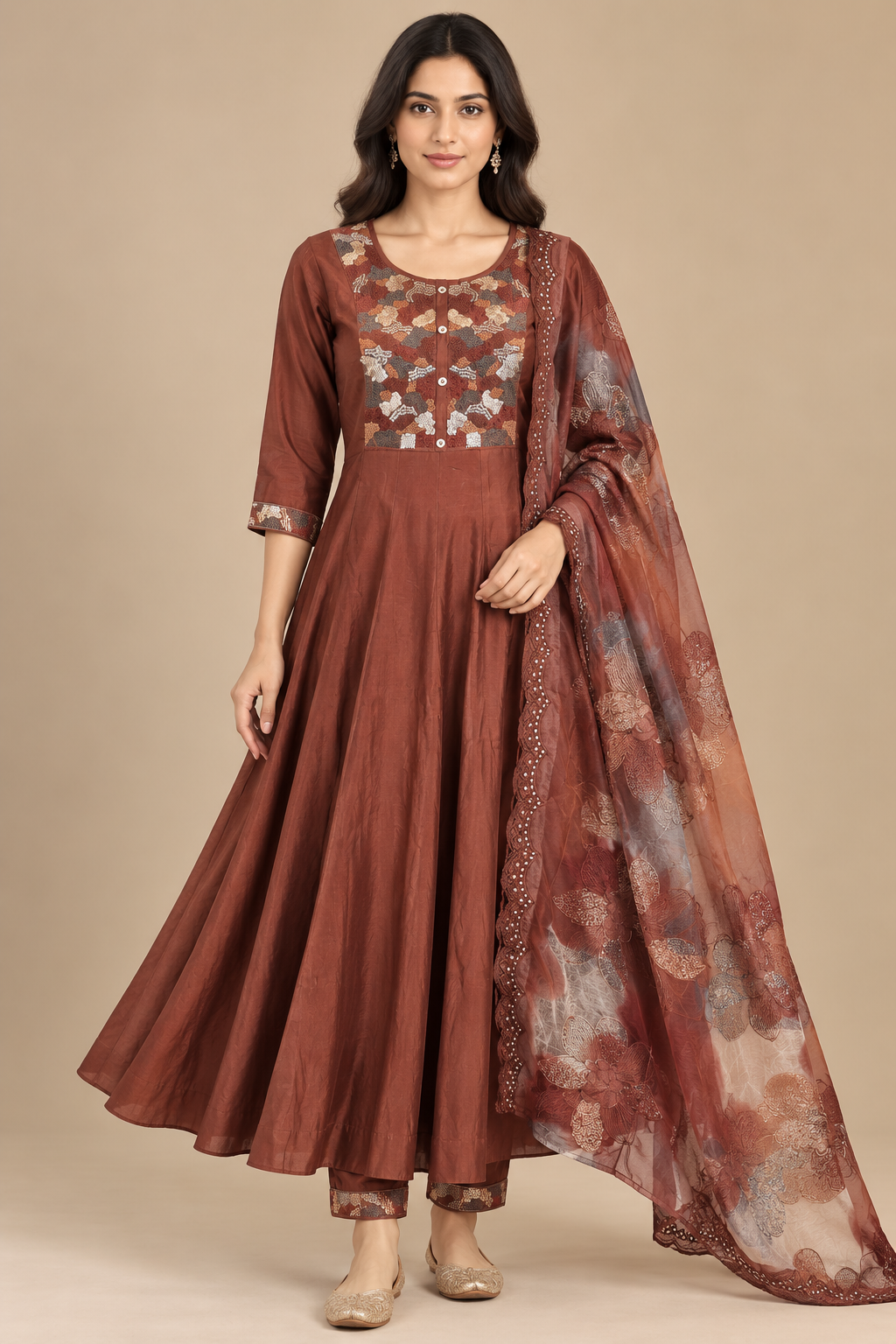 Brown Embroidered Anarkali Kurta Set with Floral Organza Dupatta