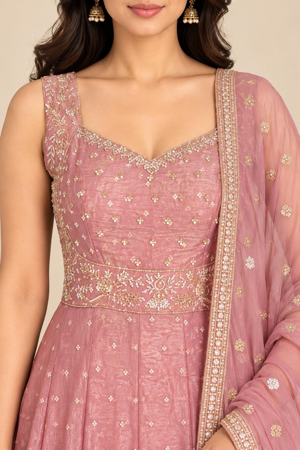 Dusty Pink Embroidered Anarkali Gown with Dupatta