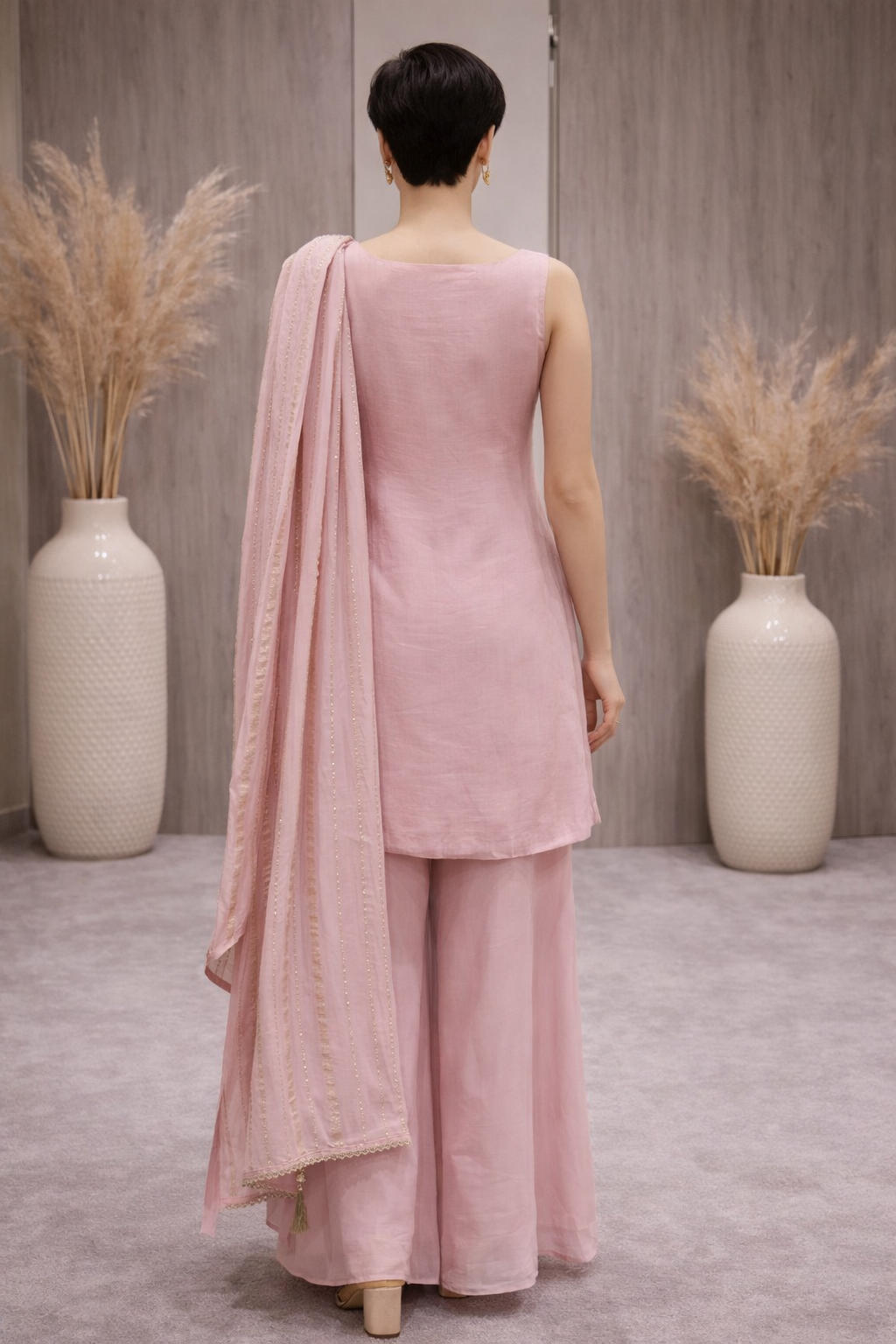 Blush Pink Embroidered Silk Kurta Palazzo Set with Dupatta for Women